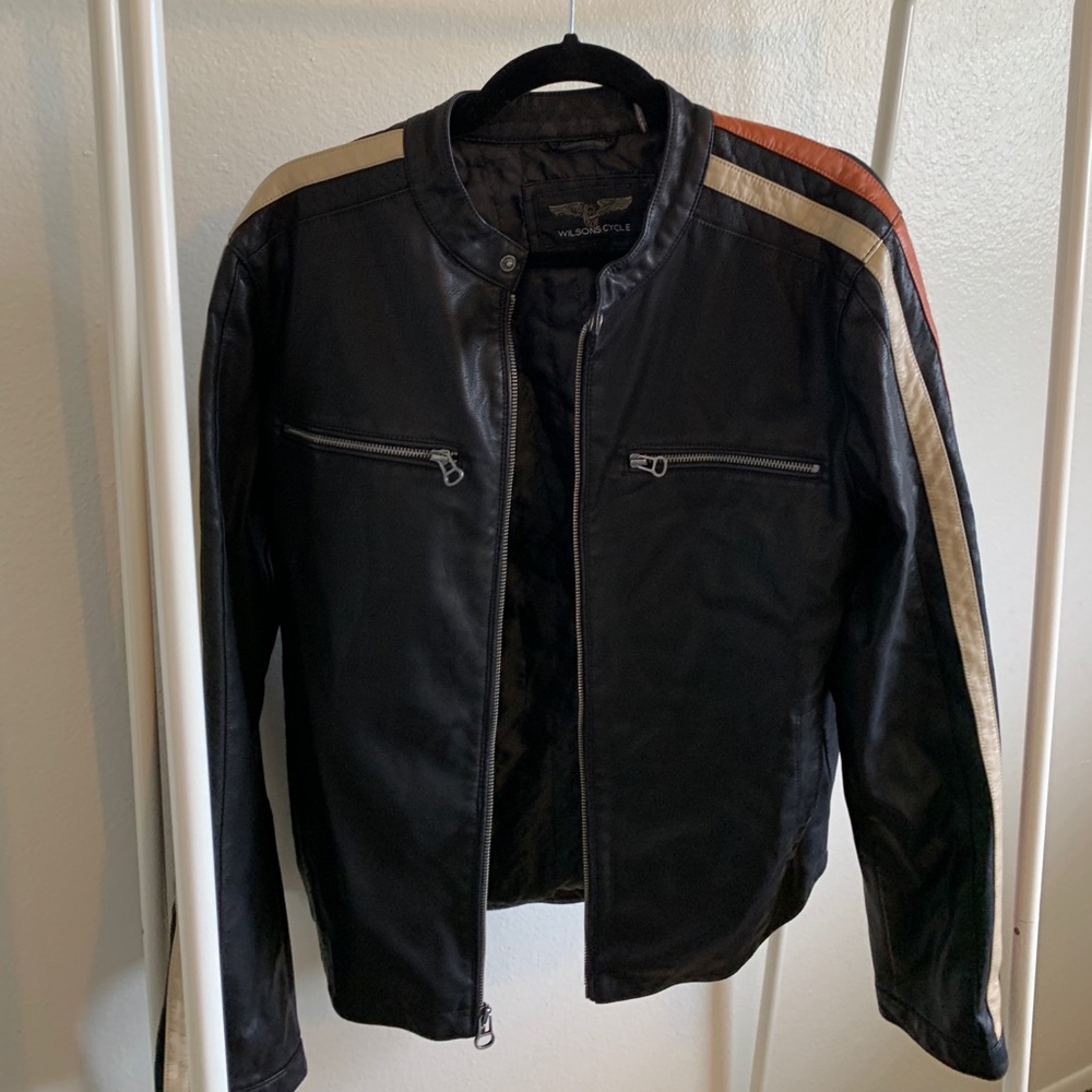 Men’s leather jacket with stripe detail